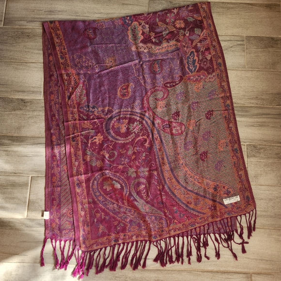 Pashmina Scarf Purple 100% Cashmere Paisley Floral Fringe Wrap Bohochic Gift - Picture 3 of 13